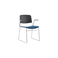 Ellis Sled Base Chair - Black Plastic Blue Seat Pad Chrome Frame with Armrests