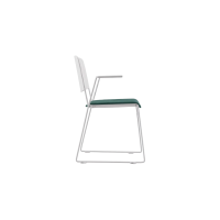Ellis Sled Base Chair - White Plastic Green Seat Pad White Frame with Armrests Side Angled View
