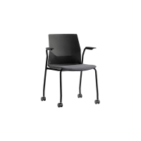 Rita 4 Leg Castors Chair - Black Plastic Grey Seat Pad Black Frame with Armrests