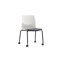 Rita 4 Leg Castors Chair - White Plastic Grey Seat Pad Black Frame no Armrests