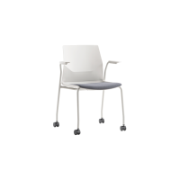 Rita 4 Leg Castors Chair - White Plastic Grey Seat Pad White Frame with Armrests